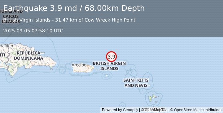 Earthquake 87 km NNE of Cruz Bay, U.S. Virgin Islands (3.9 md) (2025-09-05 07:58:10 UTC)