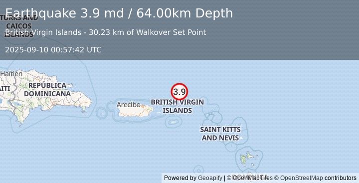 Earthquake 82 km NNE of Cruz Bay, U.S. Virgin Islands (3.9 md) (2025-09-10 00:57:42 UTC)