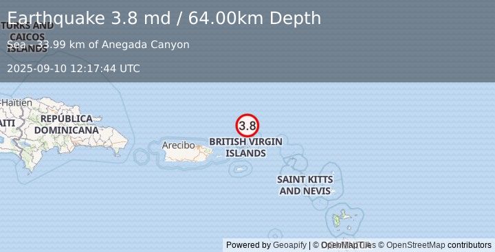 Earthquake 84 km NNE of Cruz Bay, U.S. Virgin Islands (3.8 md) (2025-09-10 12:17:44 UTC)