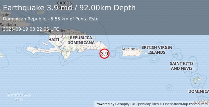 Earthquake 28 km SSE of Boca de Yuma, Dominican Republic (3.9 md) (2025-09-19 03:22:05 UTC)