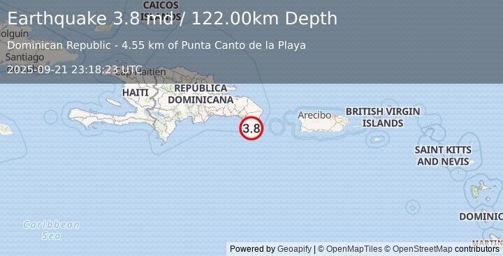 Earthquake 34 km SSW of Boca de Yuma, Dominican Republic (3.8 md) (2025-09-21 23:18:23 UTC)