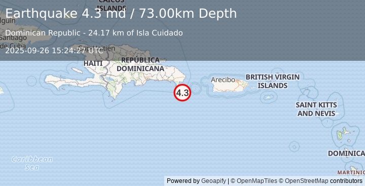 Earthquake 53 km SSE of Boca de Yuma, Dominican Republic (4.3 md) (2025-09-26 15:24:27 UTC)
