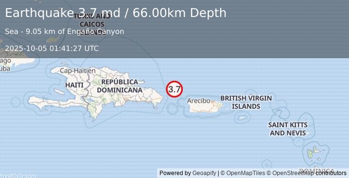 Earthquake 75 km NE of Punta Cana, Dominican Republic (3.7 md) (2025-10-05 01:41:27 UTC)