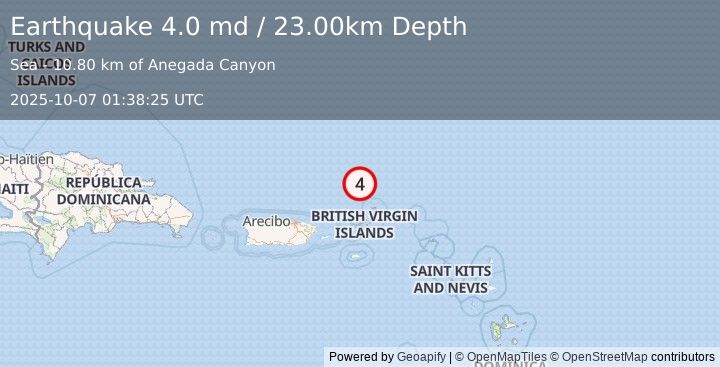 Earthquake 102 km N of Cruz Bay, U.S. Virgin Islands (4.0 md) (2025-10-07 01:38:25 UTC)