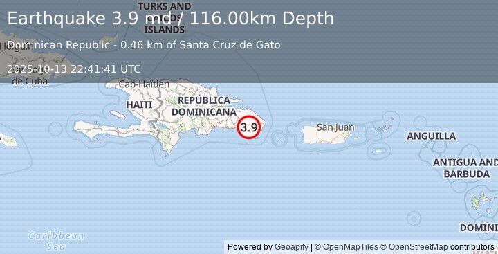 Earthquake 11 km ENE of La Romana, Dominican Republic (3.9 md) (2025-10-13 22:41:41 UTC)