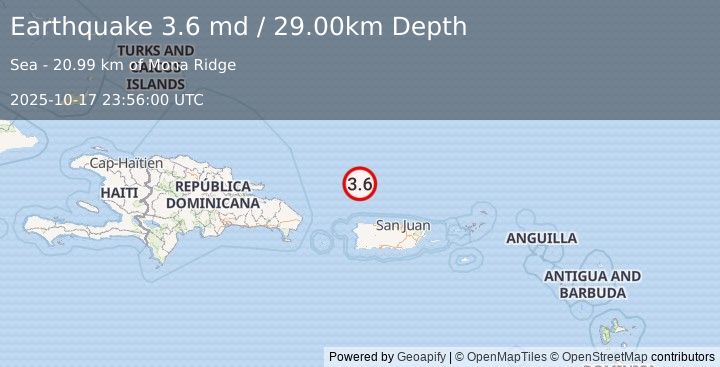 Earthquake 91 km N of Isabela, Puerto Rico (3.6 md) (2025-10-17 23:56:00 UTC)