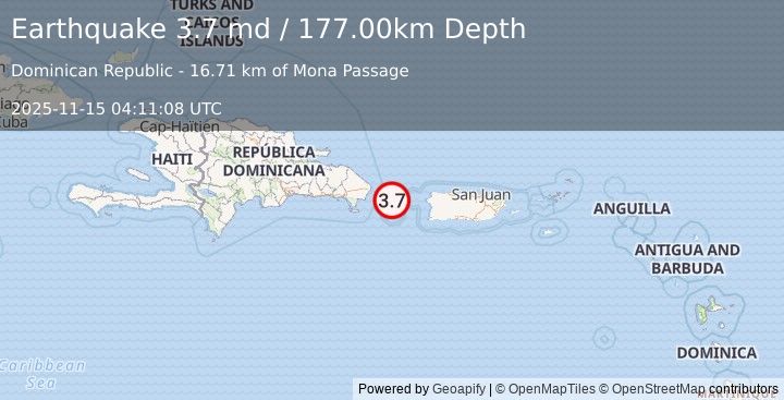 Earthquake 57 km ESE of Punta Cana, Dominican Republic (3.7 md) (2025-11-15 04:11:08 UTC)