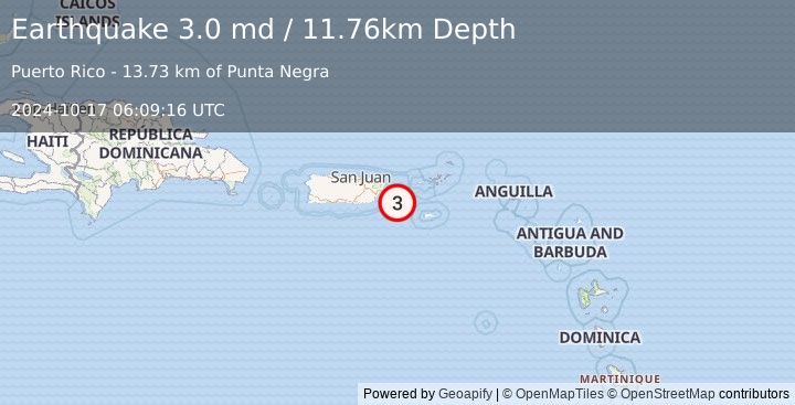 Earthquake 15 km SE of Esperanza, Puerto Rico (3.0 md) (2024-10-17 06:09:16 UTC)