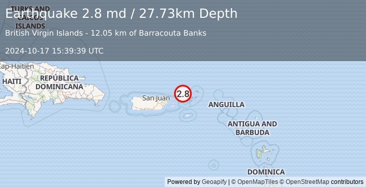 Earthquake 33 km N of Charlotte Amalie, U.S. Virgin Islands (2.8 md) (2024-10-17 15:39:39 UTC)