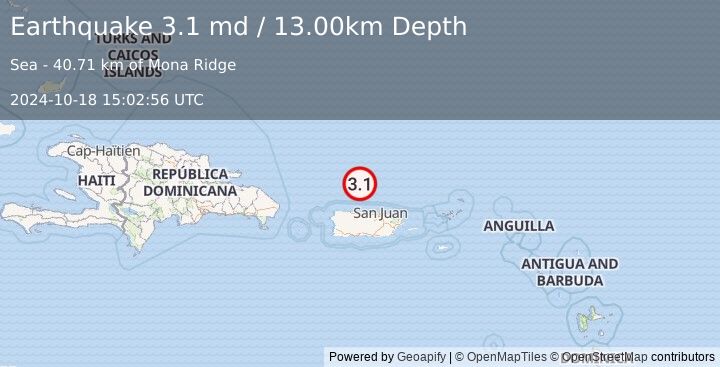 Earthquake 67 km N of Tierras Nuevas Poniente, Puerto Rico (3.1 md) (2024-10-18 15:02:56 UTC)