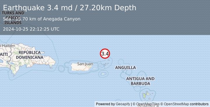 Earthquake 97 km N of Cruz Bay, U.S. Virgin Islands (3.4 md) (2024-10-25 22:12:25 UTC)