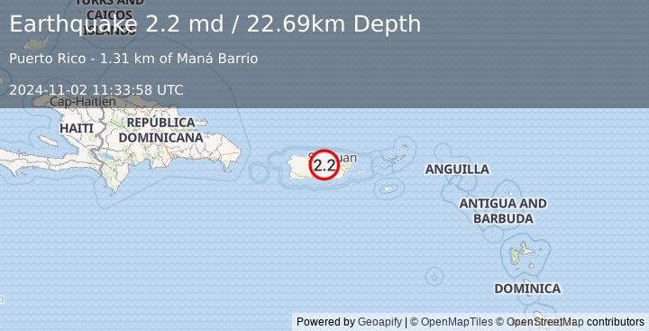 Earthquake 7 km NW of Palomas, Puerto Rico (2.2 md) (2024-11-02 11:33:58 UTC)