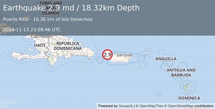 Earthquake 21 km NW of Rincón, Puerto Rico (2.9 md) (2024-11-13 23:09:46 UTC)