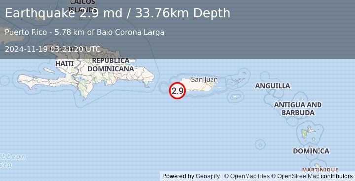 Earthquake 14 km W of Pole Ojea, Puerto Rico (2.9 md) (2024-11-19 03:21:20 UTC)