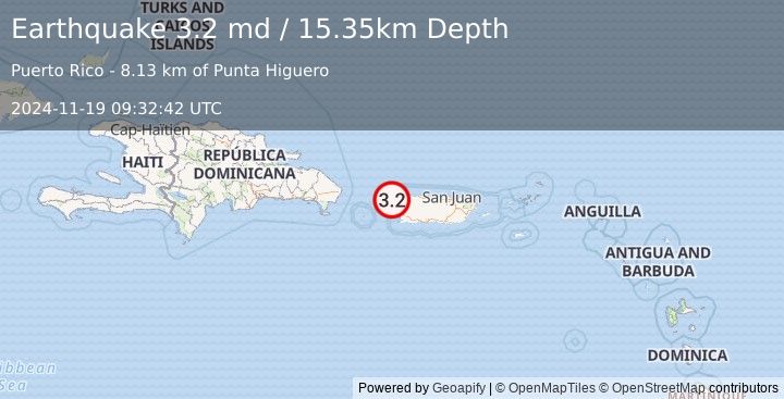 Earthquake 11 km NW of Rincón, Puerto Rico (3.2 md) (2024-11-19 09:32:42 UTC)