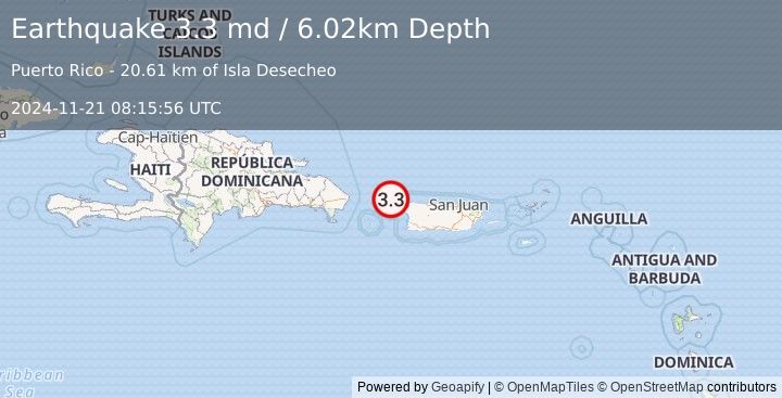 Earthquake 35 km NW of Rincón, Puerto Rico (3.3 md) (2024-11-21 08:15:56 UTC)