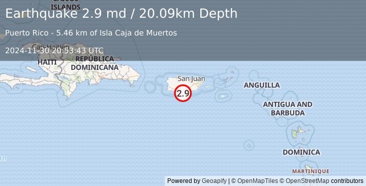 Earthquake 13 km SW of Santa Isabel, Puerto Rico (2.9 md) (2024-11-30 20:53:43 UTC)