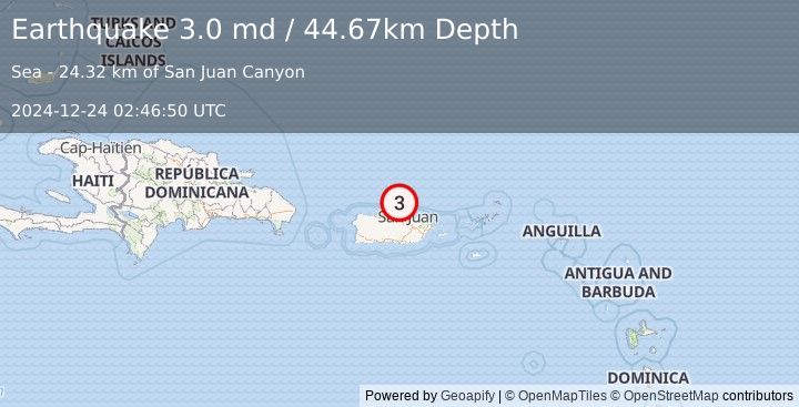 Earthquake 27 km NNE of Brenas, Puerto Rico (3.0 md) (2024-12-24 02:46:50 UTC)