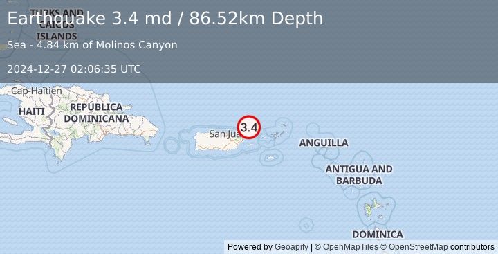 Earthquake 42 km NNW of Culebra, Puerto Rico (3.4 md) (2024-12-27 02:06:35 UTC)