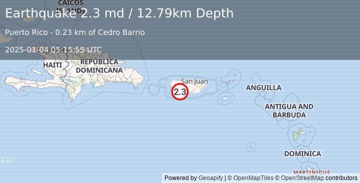 Earthquake 2 km ENE of Magas Arriba, Puerto Rico (2.3 md) (2025-01-04 05:15:55 UTC)