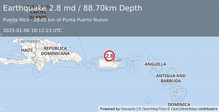 Earthquake 31 km N of Brenas, Puerto Rico (2.8 md) (2025-01-06 18:12:23 UTC)