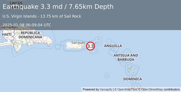 Earthquake 22 km SSW of Charlotte Amalie, U.S. Virgin Islands (3.3 md) (2025-01-08 06:09:04 UTC)