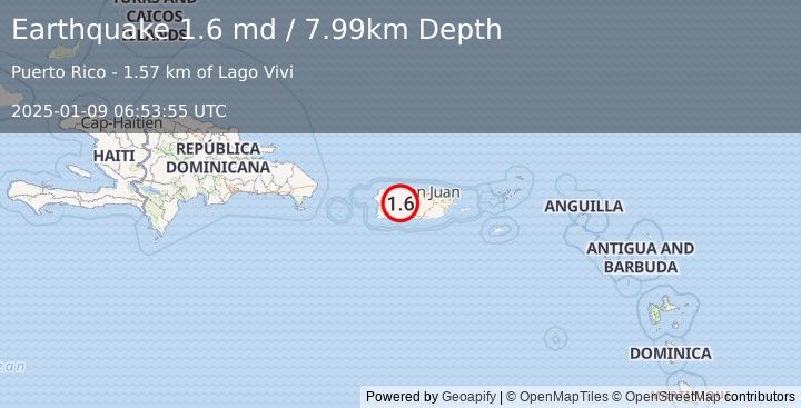 Earthquake 3 km S of Utuado, Puerto Rico (1.6 md) (2025-01-09 06:53:55 UTC)