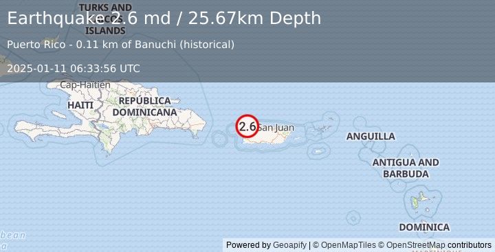 Earthquake 1 km E of Isabela, Puerto Rico (2.6 md) (2025-01-11 06:33:56 UTC)