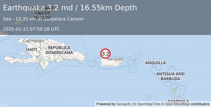 Earthquake 40 km N of Hatillo, Puerto Rico (3.2 md) (2025-01-11 07:50:28 UTC)