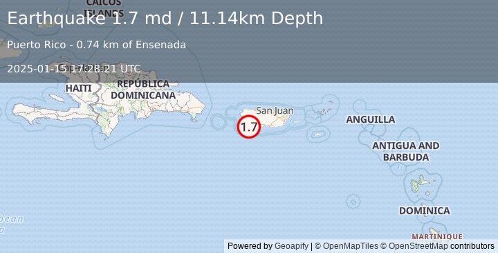 Earthquake 2 km WSW of Fuig, Puerto Rico (1.7 md) (2025-01-15 17:28:21 UTC)