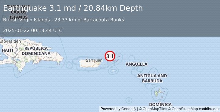 Earthquake 44 km N of Charlotte Amalie, U.S. Virgin Islands (3.1 md) (2025-01-22 00:13:44 UTC)