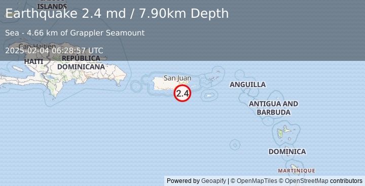 Earthquake 18 km S of Emajagua, Puerto Rico (2.4 md) (2025-02-04 06:28:57 UTC)