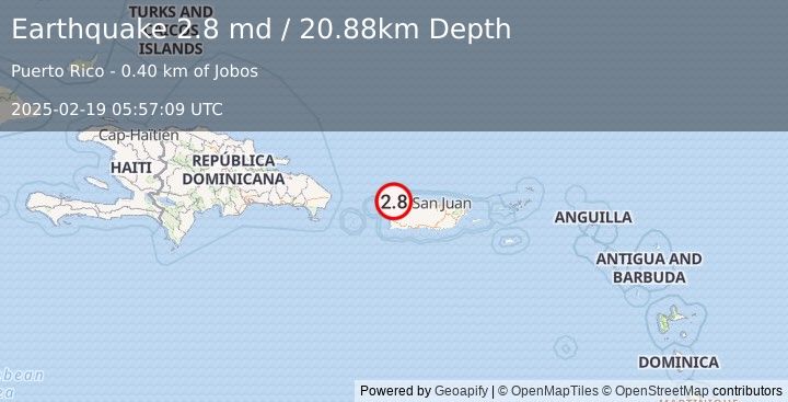 Earthquake 2 km ENE of San Antonio, Puerto Rico (2.8 md) (2025-02-19 05:57:09 UTC)