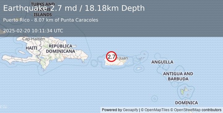 Earthquake 10 km NNE of Arecibo, Puerto Rico (2.7 md) (2025-02-20 10:11:34 UTC)