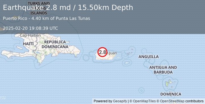 Earthquake 9 km N of Animas, Puerto Rico (2.8 md) (2025-02-20 19:08:39 UTC)