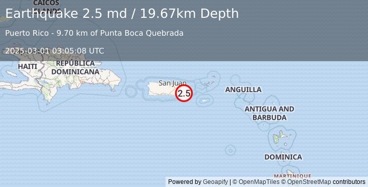 Earthquake 18 km WSW of Esperanza, Puerto Rico (2.5 md) (2025-03-01 03:05:08 UTC)