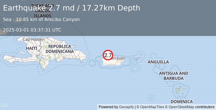 Earthquake 21 km N of Carrizales, Puerto Rico (2.7 md) (2025-03-01 03:37:31 UTC)