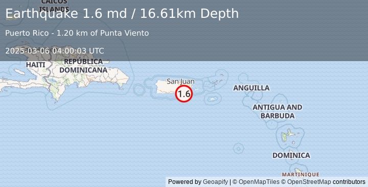 Earthquake 2 km SSE of Lamboglia, Puerto Rico (1.6 md) (2025-03-06 04:00:03 UTC)