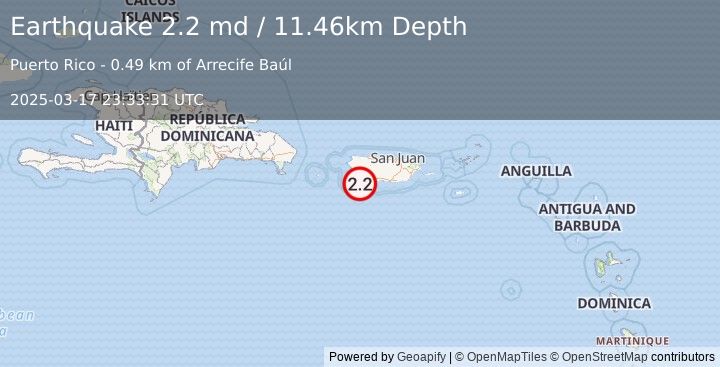 Earthquake 6 km SW of Guánica, Puerto Rico (2.2 md) (2025-03-17 23:33:31 UTC)