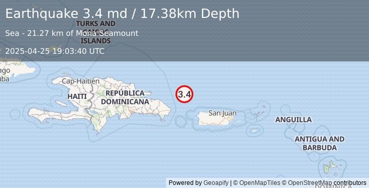 Earthquake 99 km NE of Punta Cana, Dominican Republic (3.4 md) (2025-04-25 19:03:40 UTC)