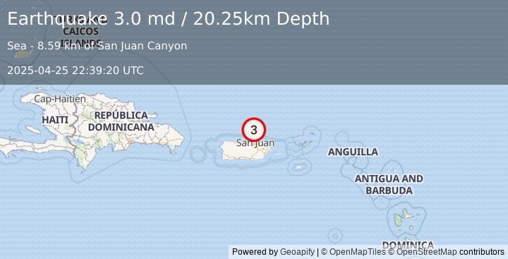 Earthquake 42 km N of San Juan, Puerto Rico (3.0 md) (2025-04-25 22:39:20 UTC)