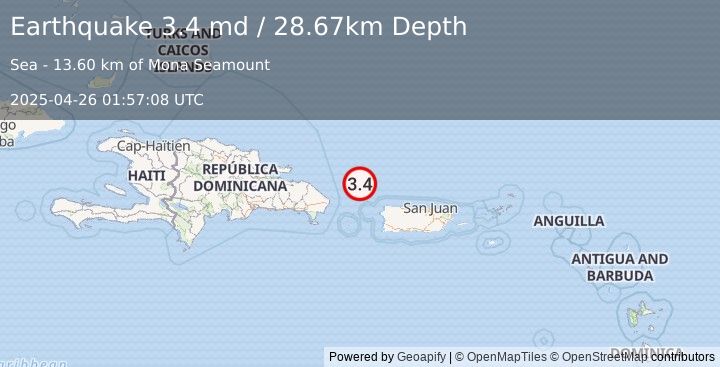 Earthquake 79 km NW of San Antonio, Puerto Rico (3.4 md) (2025-04-26 01:57:08 UTC)