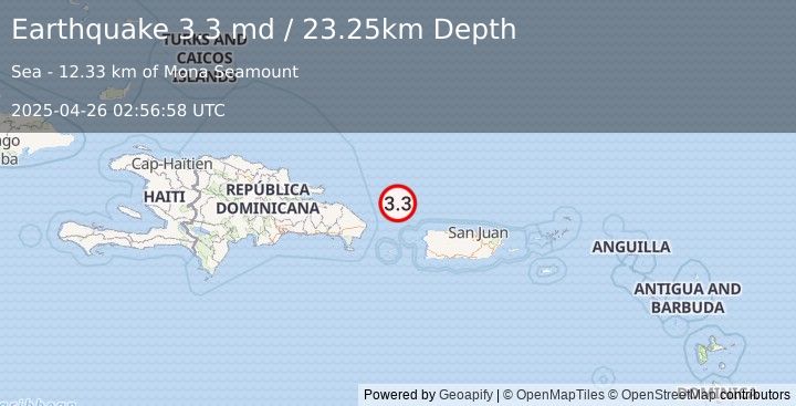 Earthquake 86 km NW of San Antonio, Puerto Rico (3.3 md) (2025-04-26 02:56:58 UTC)