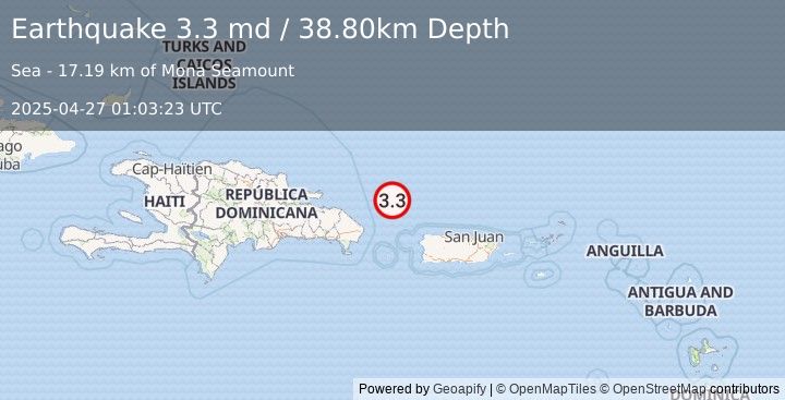 Earthquake 93 km NE of Punta Cana, Dominican Republic (3.3 md) (2025-04-27 01:03:23 UTC)