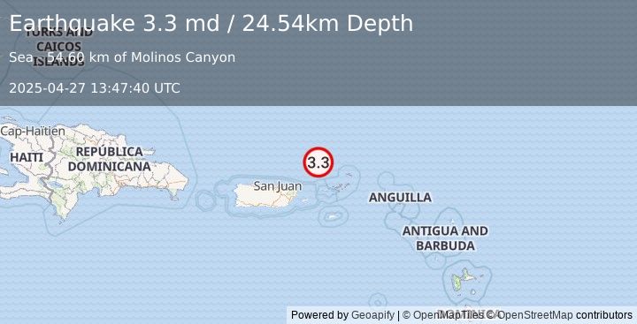 Earthquake 77 km NNW of Charlotte Amalie, U.S. Virgin Islands (3.3 md) (2025-04-27 13:47:40 UTC)