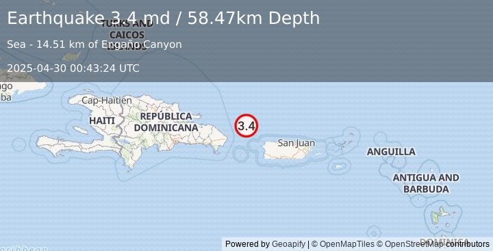 Earthquake 84 km NW of San Antonio, Puerto Rico (3.4 md) (2025-04-30 00:43:24 UTC)
