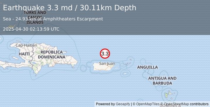 Earthquake 77 km N of Brenas, Puerto Rico (3.3 md) (2025-04-30 02:13:59 UTC)