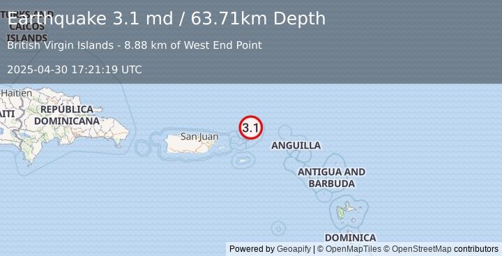 Earthquake 52 km NE of Cruz Bay, U.S. Virgin Islands (3.1 md) (2025-04-30 17:21:19 UTC)