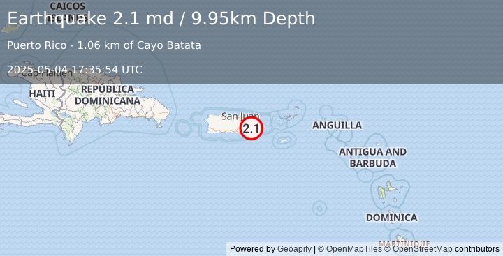 Earthquake 5 km SSE of Bajandas, Puerto Rico (2.1 md) (2025-05-04 17:35:54 UTC)