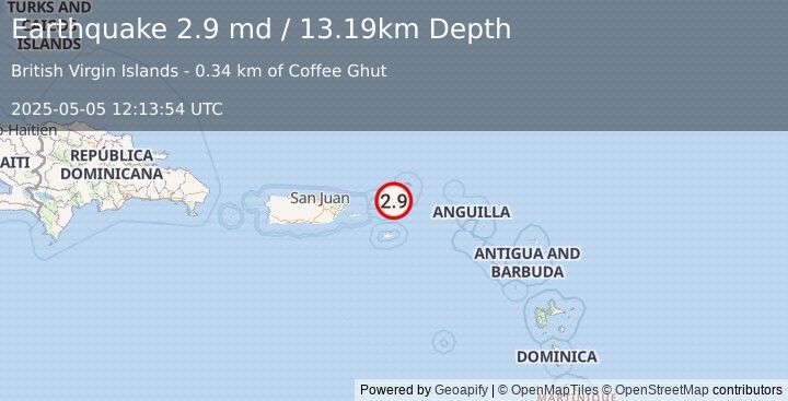 Earthquake 19 km ENE of Cruz Bay, U.S. Virgin Islands (2.9 md) (2025-05-05 12:13:54 UTC)